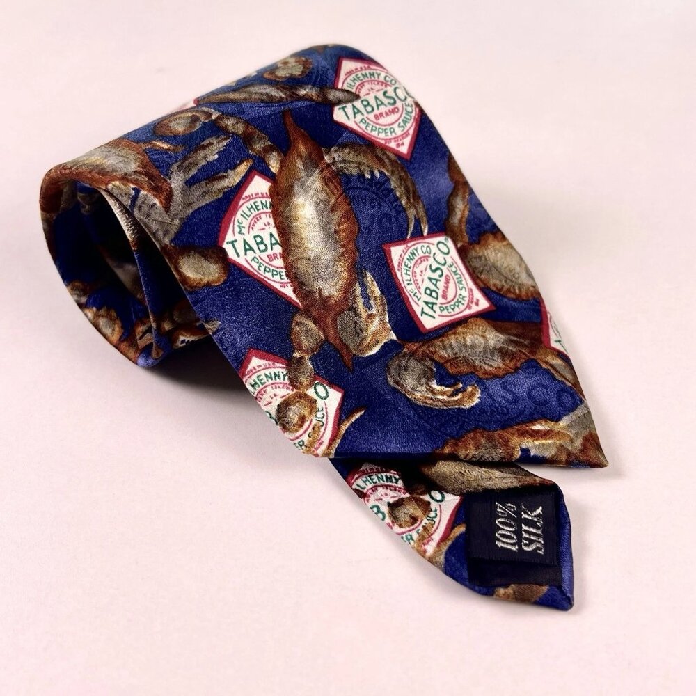 Tabasco Mens Silk Tie Crabs Lobster Seafood Hot Sauce Graphic Print Retro Dad